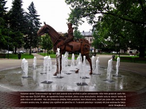Diwous - Železný dědek, Josef Váňa, Velká pardubická, vítěz, Pardubice, náměstí Československých legií, socha, steampunk, jezdec, kůň, žokej, rez, fontána, vtip, humor, žokej, Ateliér Virtuálního Sochařství