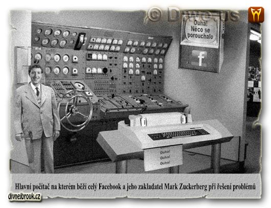 divnej brouk - main facebook server, logo, hlavní centrální řídící releový elektronkový počítač, velín, CML - Centrální Mozek Lidstva, Mark Zuckerberg, tiskárna, kladivo, monitor, retro divnej brouk - main facebook server, logo, hlavní centrální řídící releový elektronkový počítač, velín, CML - Centrální Mozek Lidstva, Mark Zuckerberg, tiskárna, kladivo, monitor, retro