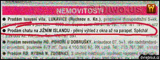 Diwous - Chata na Islandu - výbuch sopky, Bárdarbunga, Eldfell, Eyjafjallajökull, humor, Inzerát, Katla, nemovitosti, vtip, Divnej Brouk
