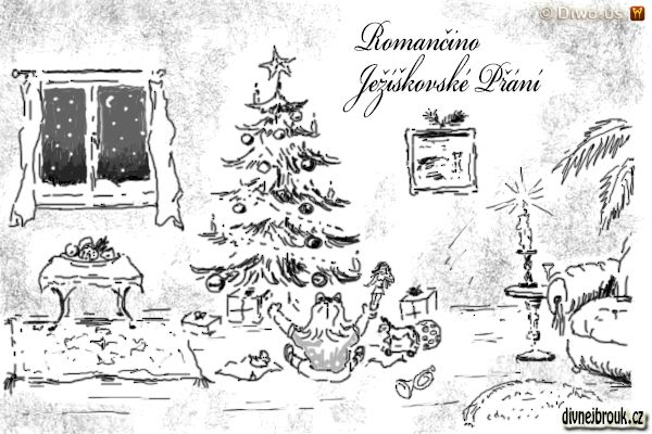 divnej brouk - kresba, vánoční stromek, sníh za oknem, ovoce na míse, dárky, holčička, panenka, křeslo, svícen, svíčka, dřevěný koník, míč divnej brouk - kresba, vánoční stromek, sníh za oknem, ovoce na míse, dárky, holčička, panenka, křeslo, svícen, svíčka, dřevěný koník, míč