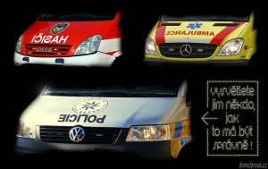 Diwous - Policie vzhůru nohama, hasiči, ambulance, služební auto, zrcadlový nápis, IČISAH, EICILOP, ECNALUBMA, blbci, vtip, humor