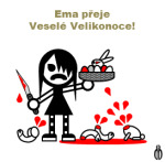 Diwous - FUJ!SLABIKÁŘ - Info - sváteční přání, Veselé Velikonoce, králíček, bílý králík, penis, vajíčka velikonoční, kraslice, ošatka, nůž, krev, Ema