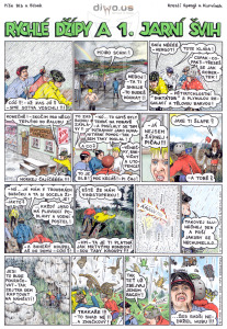 Diwous - komiks Rychlé Džípy, díl 25 - 1. jarní švih, Červys, Hujer, Mirek Pušín, Jarka Nametelka, Volnoběžka, Červenáček, Jindra Hojer, Mirek Dušín, Jarka Metelka, Rychlonožka, Rychlé Šípy, parodie, Nejšílenější bikerský komiks na světě, legendární, kult, časopis Peloton, komix, originál