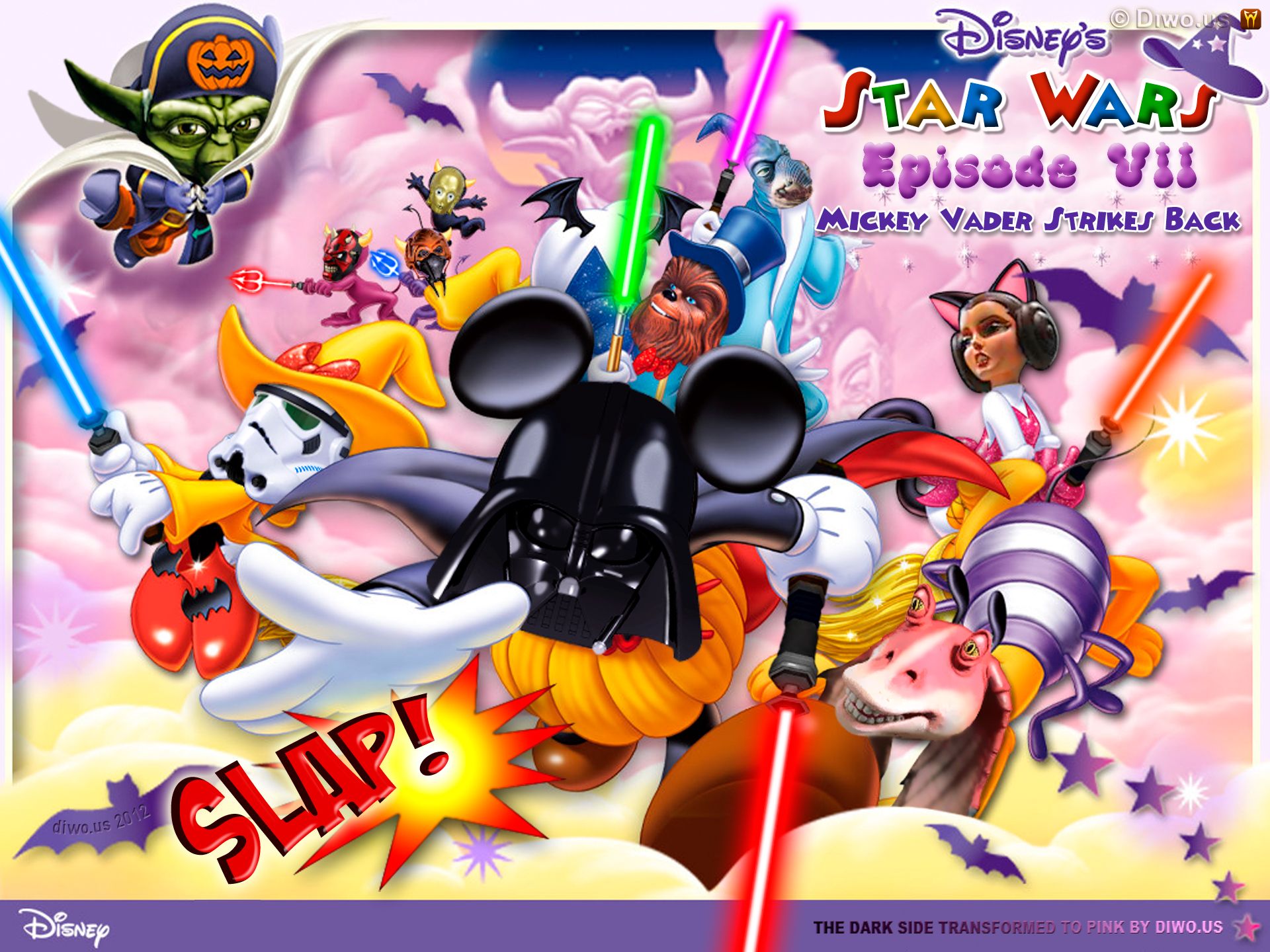 Diwous - Star Wars - Epizode VII 7 - Mickey Vader Strikes Back, acquisition, C-3PO, Chewbacca, Dark Side, Darth Maul, Darth Vader, Duck Donald, humor, Jar Jar Bings, lightsaber, Lucasfilm, Master Yoda, Mickey Mouse, Minnie, Pink Side, Plo Koon, pozadí, Princess Leia, Stormtrooper, tapeta, The Force Awakens, The Walt Disney Company, vtip, Watto