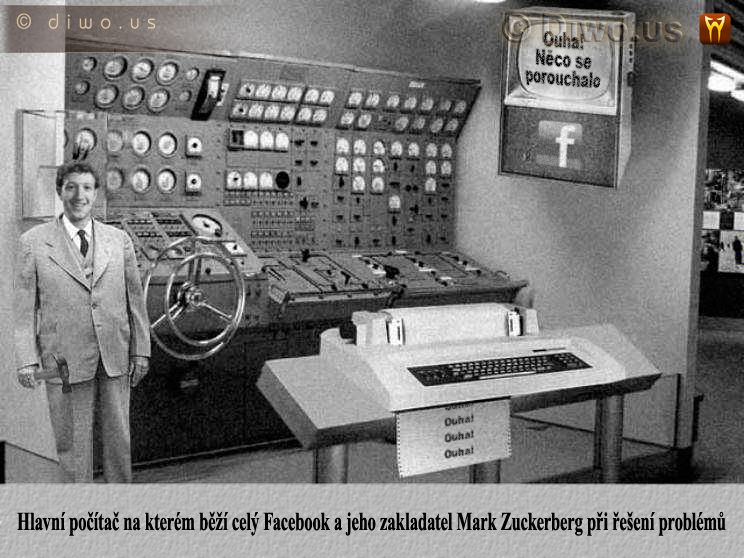 Diwous - Facebook server, Mark Zuckerberg, starý elektronkový, reléový, počítač, řídící centrum, tesařské kladivo