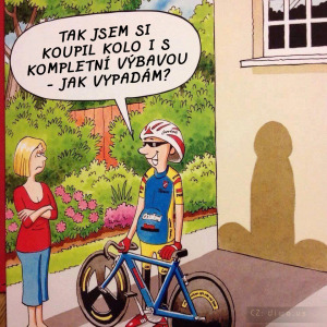 Diwous - cyklista vypadá jako penis, kokot, čurák, cyklobuzna, směšný barevný dres, kolo, helma, rukavice, cyklistické brýle, výbava, vtip, humor