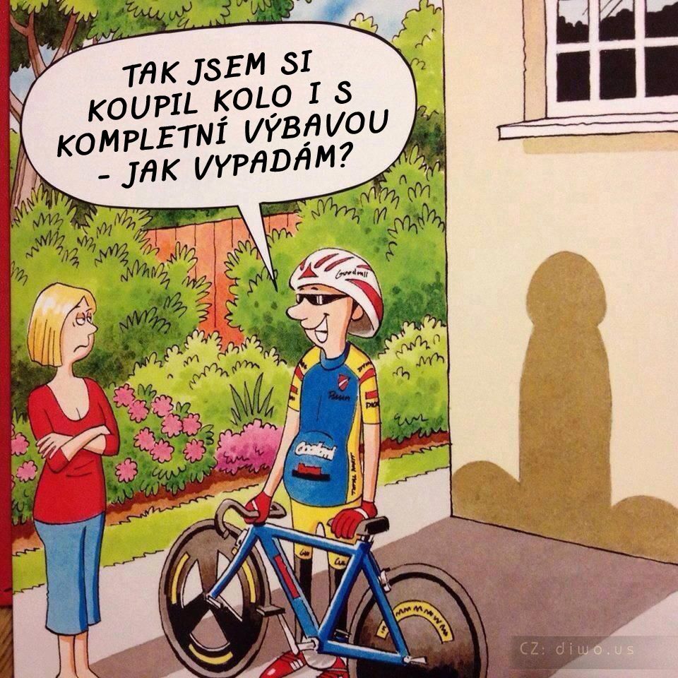 Diwous - cyklista vypadá jako penis, kokot, čurák, cyklobuzna, směšný barevný dres, kolo, helma, rukavice, cyklistické brýle, výbava, vtip, humor