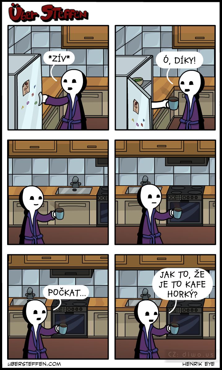 Diwous - kameňák, absurdní humor, vtip, kafe, horká káva, lednička, rozespalý, kuchyň