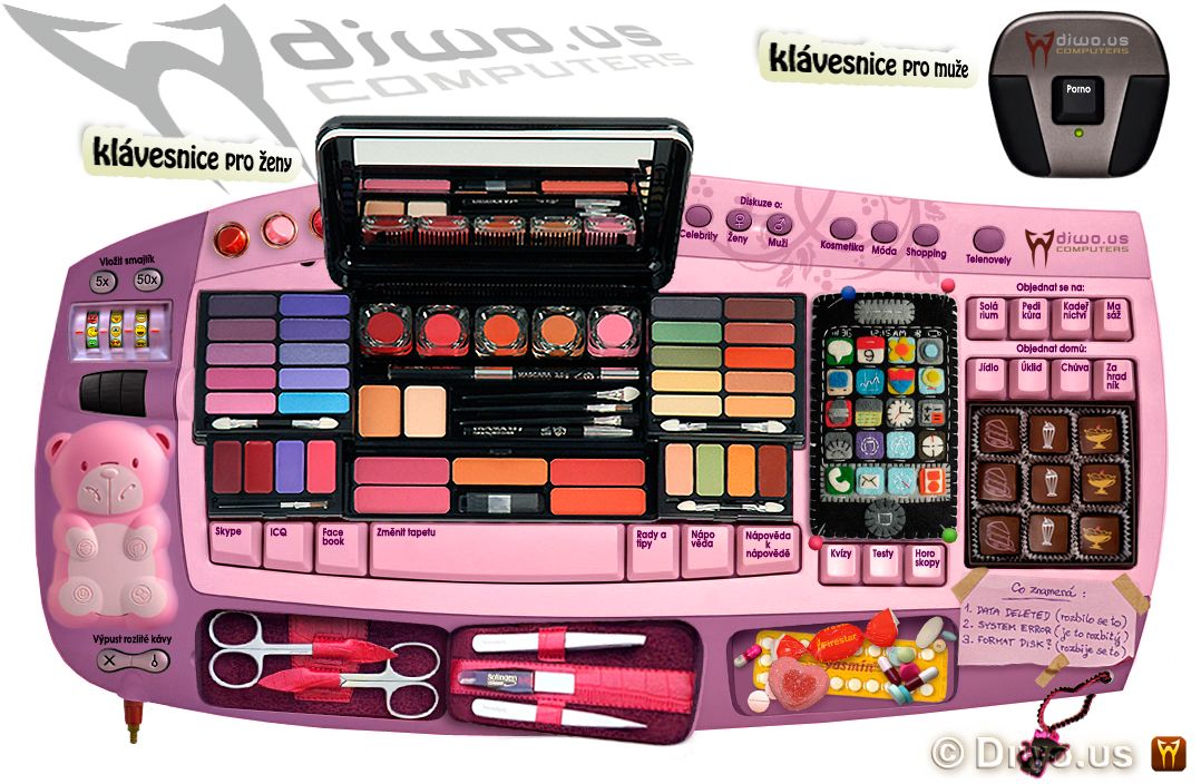 Diwous - Klávesnice pro ženy, pro muže, růžová, make-up, čokoláda, manikůra, mobil, rtěnky, léky, bonbóny, přívěsek, smajlíky