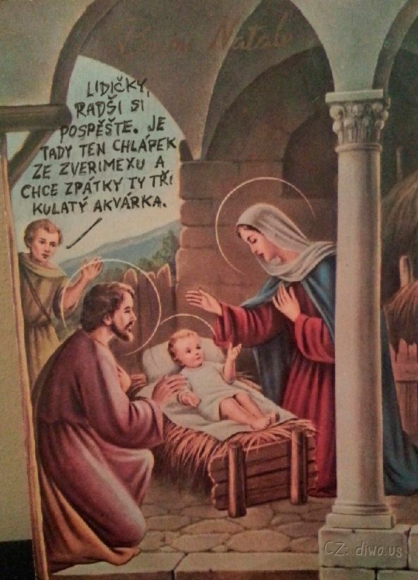 Diwous - Kulatý akvárka, náboženský obraz, svatý, Josef, Panna Marie, jezulátko, Ježíš, zverimex, akvárium, koule, jesličky, Betlém, svatozář, vtip, humor