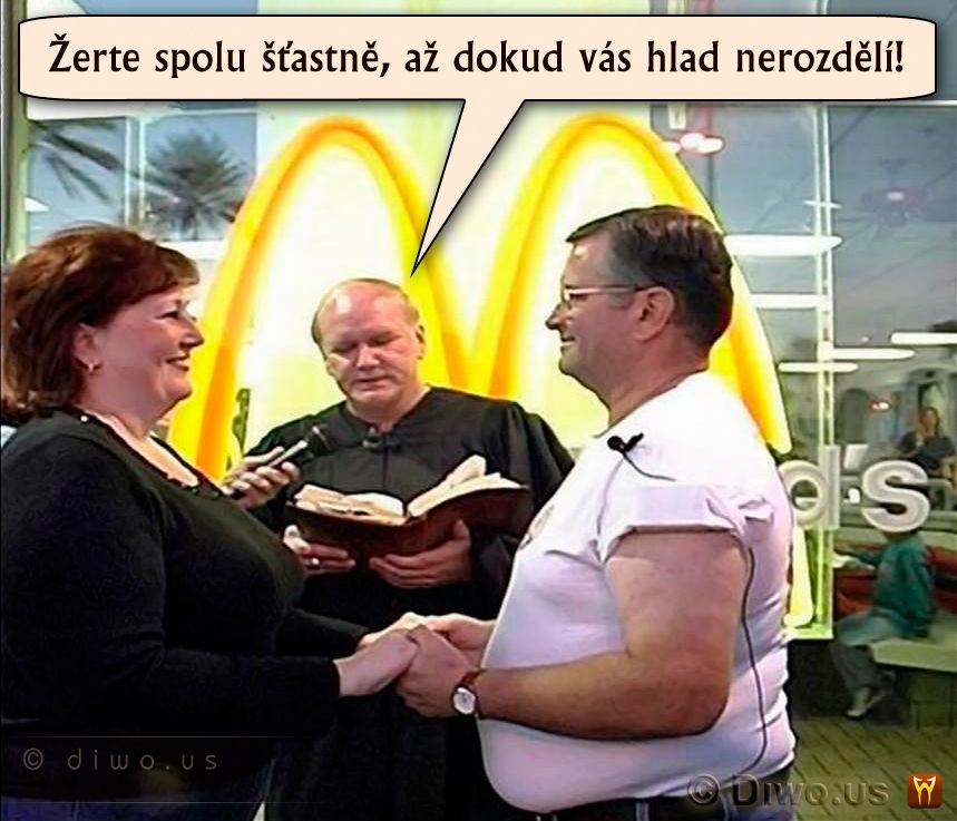 Diwous - Svatba v McDonald's, kněz, kuriozita, oddávající, svatba, tlusťoši