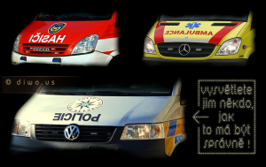 Diwous - Policie vzhůru nohama, hasiči, ambulance, služební auto, zrcadlový nápis, IČISAH, EICILOP, ECNALUBMA, blbci, vtip, humor