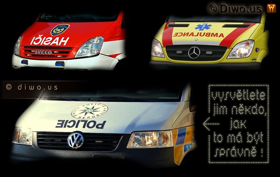 Diwous - Policie vzhůru nohama, hasiči, ambulance, služební auto, zrcadlový nápis, IČISAH, EICILOP, ECNALUBMA, blbci, vtip, humor