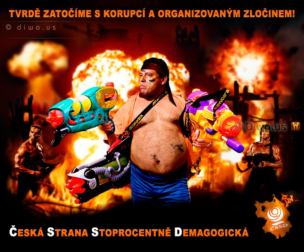 Diwous - Jiří Paroubek - akční hrdina, Silvester Stallone, Arnold Schwarzenegger, Komando, Rambo, ČSSD, vodní pistole, puška M16, vtip, humor