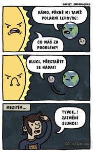 Diwous - zatmění slunce, eclipse, měsíc, planeta Země, částečné, úplné, tání, led, jev, úkaz, arktida, antarktida, polární ledovce, čepička, vtip, humor