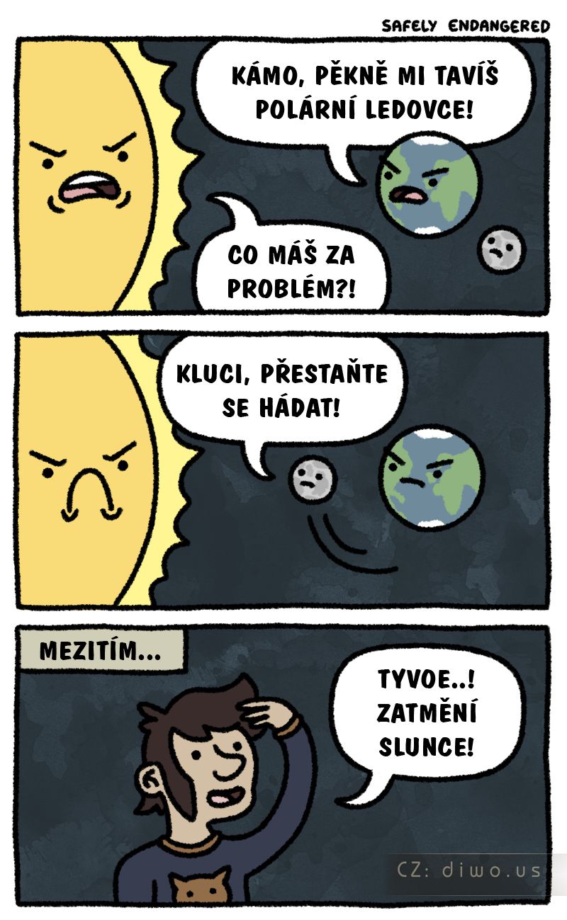 Diwous - zatmění slunce, eclipse, měsíc, planeta Země, částečné, úplné, tání, led, jev, úkaz, arktida, antarktida, polární ledovce, čepička, vtip, humor