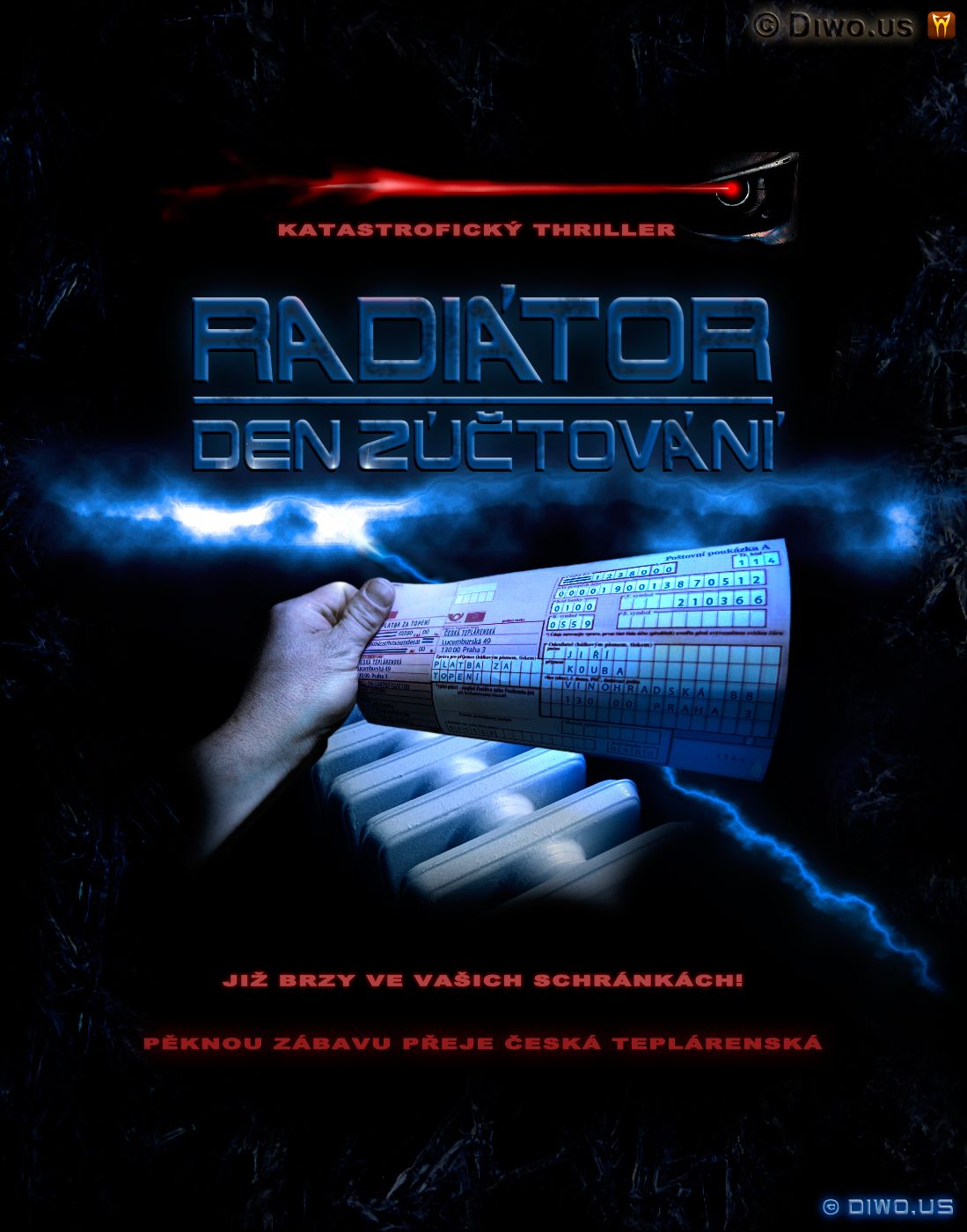 Diwous - katastrofický thriller RADIÁTOR - Den zúčtování, humor, plyn, složenka, Terminator, topení, vtip, vyúčtování, Česká teplárenská, poštovní schránka