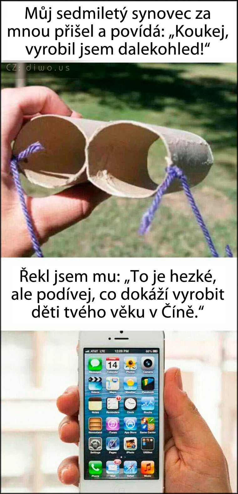 Diwous - černý humor, děti, Čína, otroctví, vykořisťování, práce, mobil, mobilní telefon, dalekohled, vtip