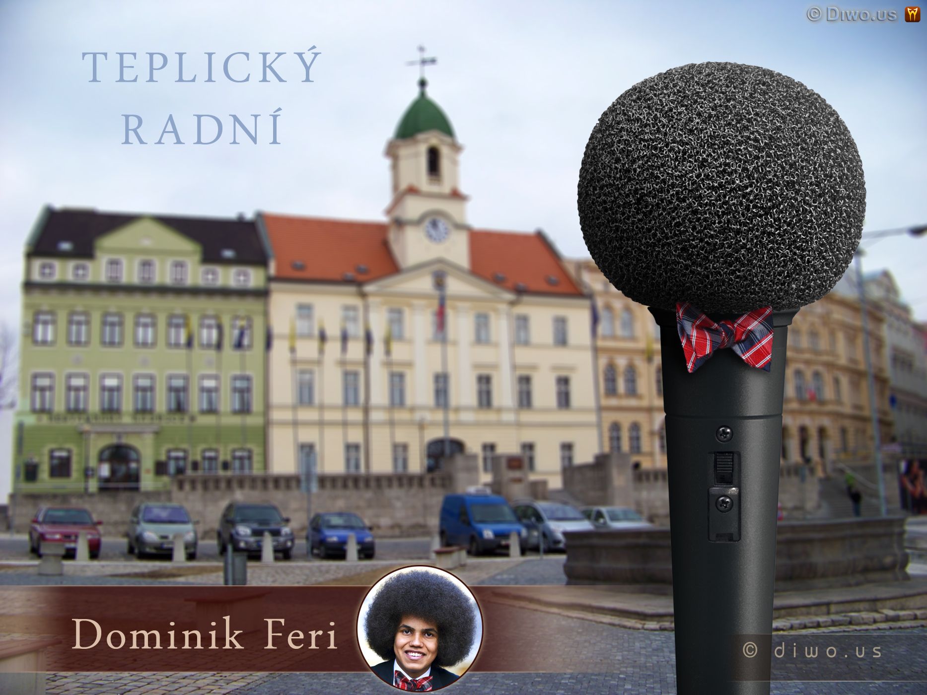 Diwous, afro, Dominik Feri, hipster, humor, město Teplice, mikrofon, motýlek, Nejmladší radní, politik, radnice, Teplický radní, vtip, zastupitel