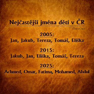 Diwous - Nejčastější jména dětí v ČR, Česká republika, novorozenci, nejvíce používaná, populární, nejoblíbenější, 2005, 2006, 2007, 2008, 2009, 2010, 2011, 2012, 2013, 2014, 2015, 2016, 2017, 2018, 2019, 2020, 2021, 2022, 2023, 2024, 2025, Jan, Jakub, Tereza, Eliška, Tomáš, Achmed, Omar, Fatima, Mohamed, Abdul