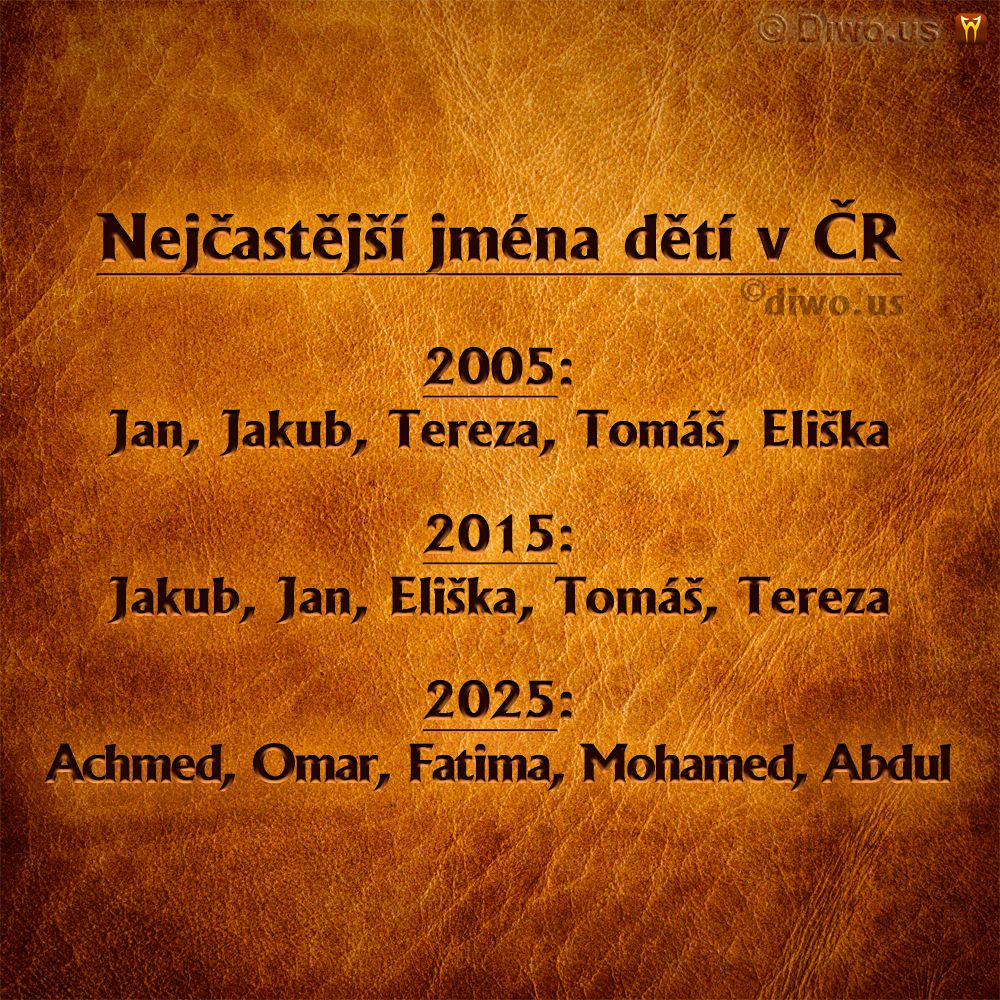 Diwous - Nejčastější jména dětí v ČR, Česká republika, novorozenci, nejvíce používaná, populární, nejoblíbenější, 2005, 2006, 2007, 2008, 2009, 2010, 2011, 2012, 2013, 2014, 2015, 2016, 2017, 2018, 2019, 2020, 2021, 2022, 2023, 2024, 2025, Jan, Jakub, Tereza, Eliška, Tomáš, Achmed, Omar, Fatima, Mohamed, Abdul
