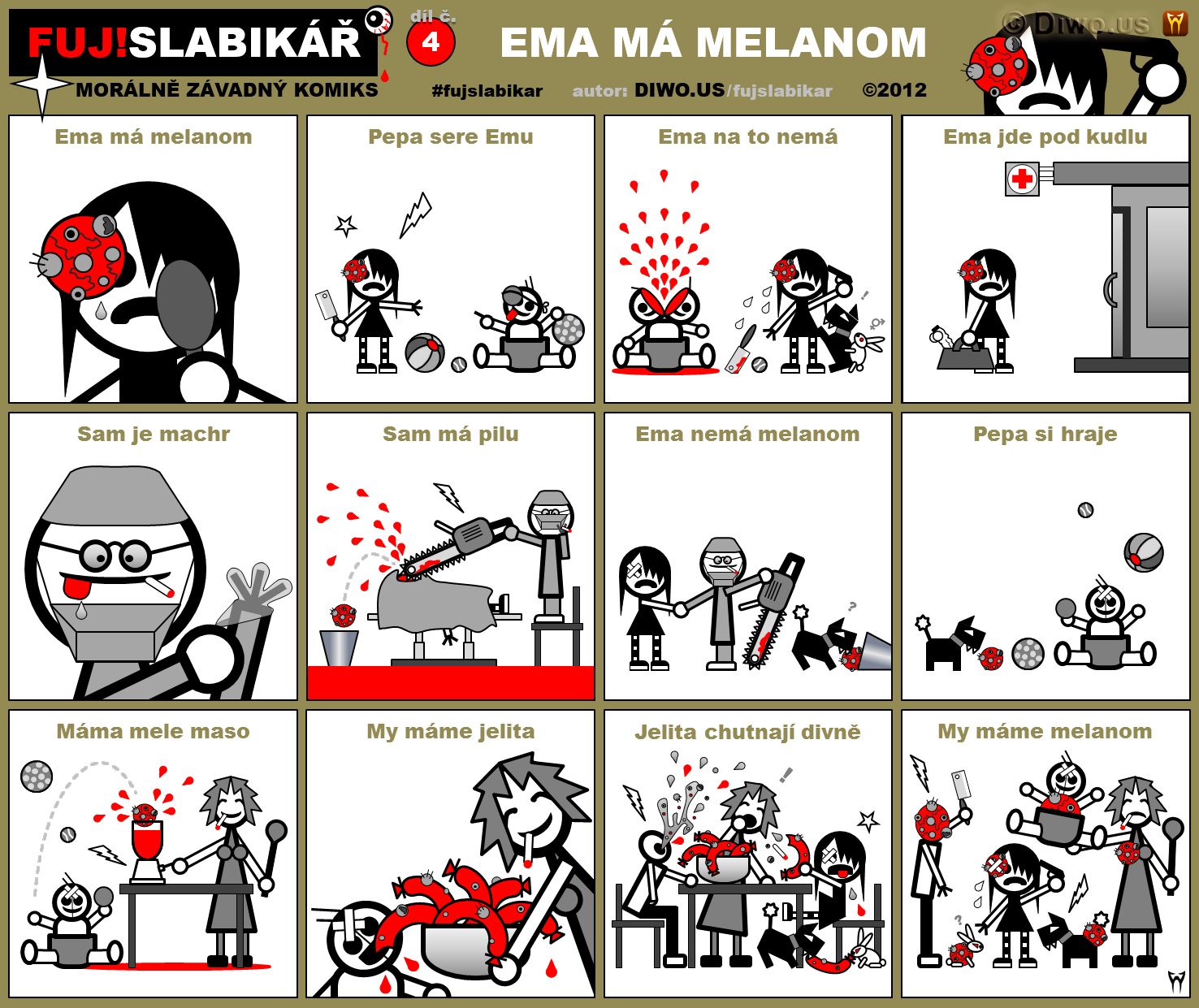 Diwous - FUJ!SLABIKÁŘ - díl 4. - Ema má melanom, bílý králíček, chirurg, krvavá jelita, kuchyňský robot, melanom, motorová pila Huskrvavna, operace, Pepa, sekáček na maso, white rabbit, FUJ!SLABIKÁŘ, batole