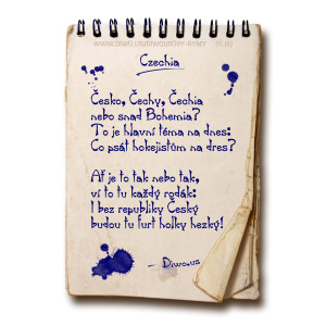 Diwous, Diwousovy Rýmy, č.18, Czechia, básně, humorné básničky, legrace, parodie, říkanky, rýmovačky, satira, sranda, verše, veršovánky, žertovné, Česko Čechy Čechia, Bohemia, hokejistický dres, sportovci, nápis, název republiky, OSN, oficiální, Česká republika, rodák, hezké holky české, referendum