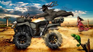 Diwous - Quad Rider, #diwoselfie, photoillustration, digital illusionist, Art, drawing, cartoon, comics, collage, style, unique technique, Madagascar, desert, baobab tree, chameleon, sunset, jackal skull, French girl, caballero hat, rider, desperát, klobouk, čtyřkolka, jezdec, domorodá kráska, západ slunce, poušť, mačeta, šakal lebka, Kawasaki Brute Force