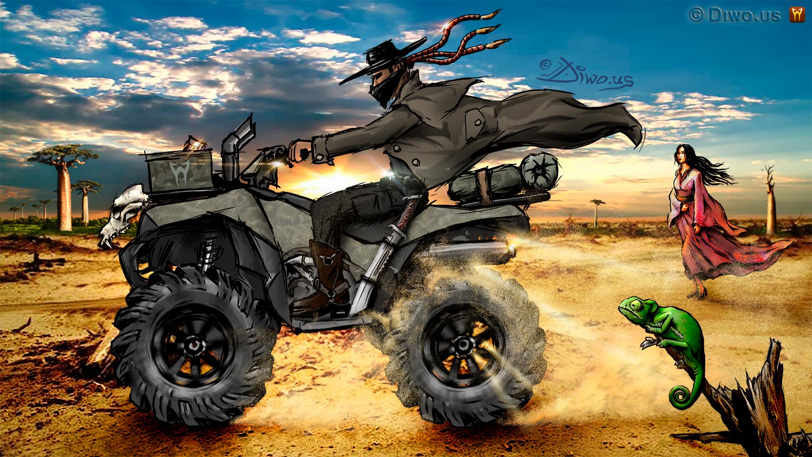 Diwous - Quad Rider, #diwoselfie, photoillustration, digital illusionist, Art, drawing, cartoon, comics, collage, style, unique technique, Madagascar, desert, baobab tree, chameleon, sunset, jackal skull, French girl, caballero hat, rider, desperát, klobouk, čtyřkolka, jezdec, domorodá kráska, západ slunce, poušť, mačeta, šakal lebka, Kawasaki Brute Force