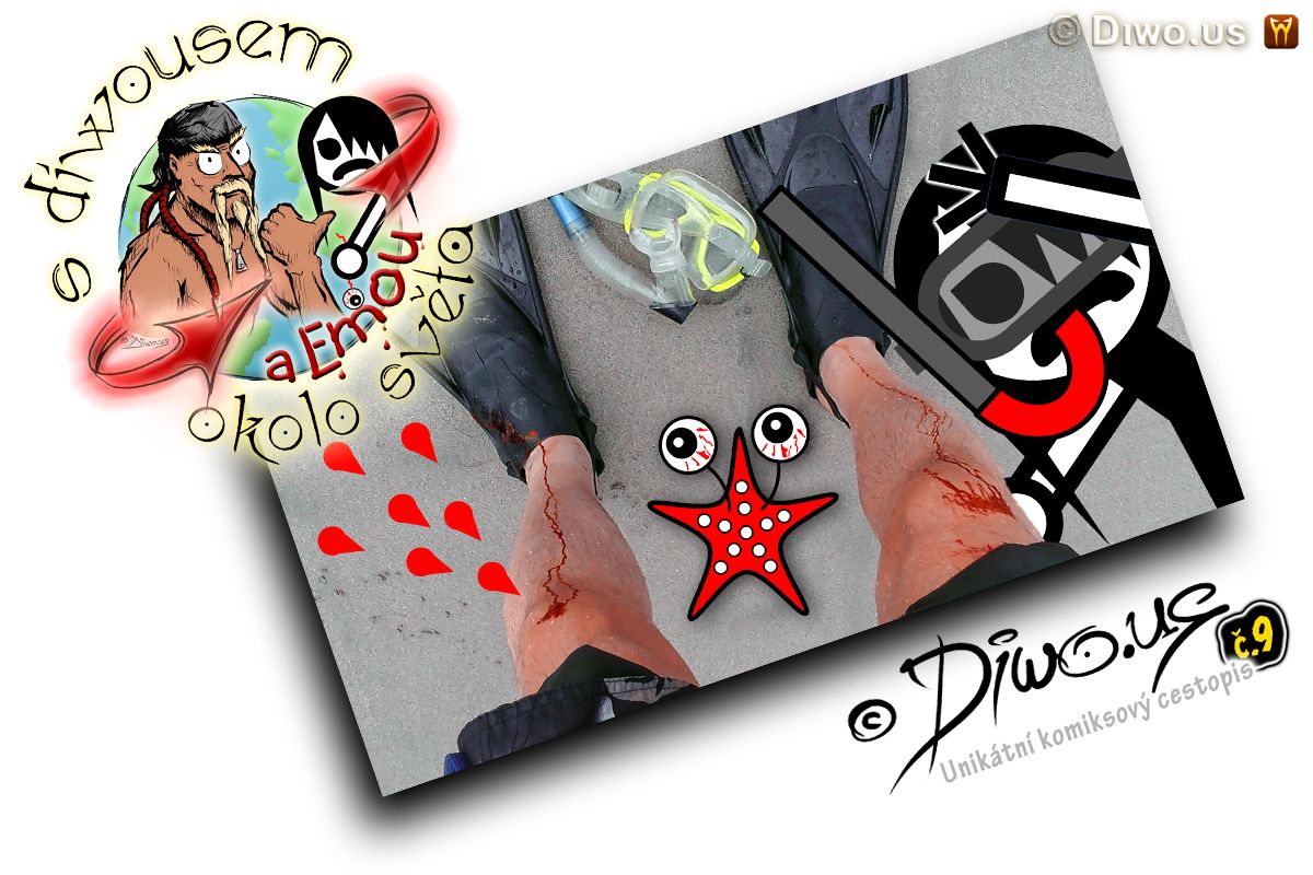 Diwous - s Diwousem a Emou okolo světa - díl 9 - Potápění na korálech, unikátní komiksový obrázkový cestopis, Emo Ema, FUJ!SLABIKÁŘ, morálně závadný komiks, pro psychicky narušené děti, tropy, atol, korálový ostrov,, bariéra, Karibik, Karibské moře, ploutve, šnorchl, potápěčské brýle, odřené koleno, krev, písek, riziko