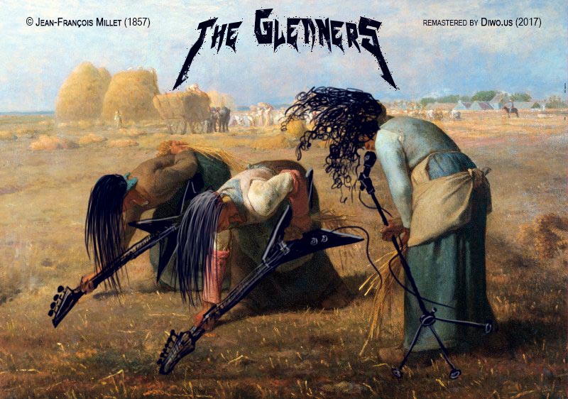 Diwous - Jean-François Millet, Sběračky klasů, The Gleaners, Des glaneuses, 1857, Musée d'Orsay, Paris, oil on canvas, olejomalba, heavymetalová kapela, skupina, heavy metal band, electric guitar, bass, microphone stand, long hair, elektrická kytara, baskytara, mikrofon, dlouhé vlasy, ilustrace, dokreslená fotka, vtip, joke, photo illustration