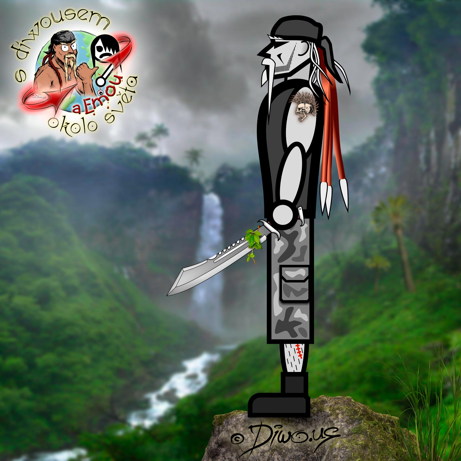 Diwous - Objevitel, s Diwousem a Emou okolo světa, tropy, džungle, Karibik, palmy, období dešťů, vodopád, tactical machete, taktická mačeta, palm tree, waterfall, jungle, rock, monsoon season, explorer, discoverer, bandana
