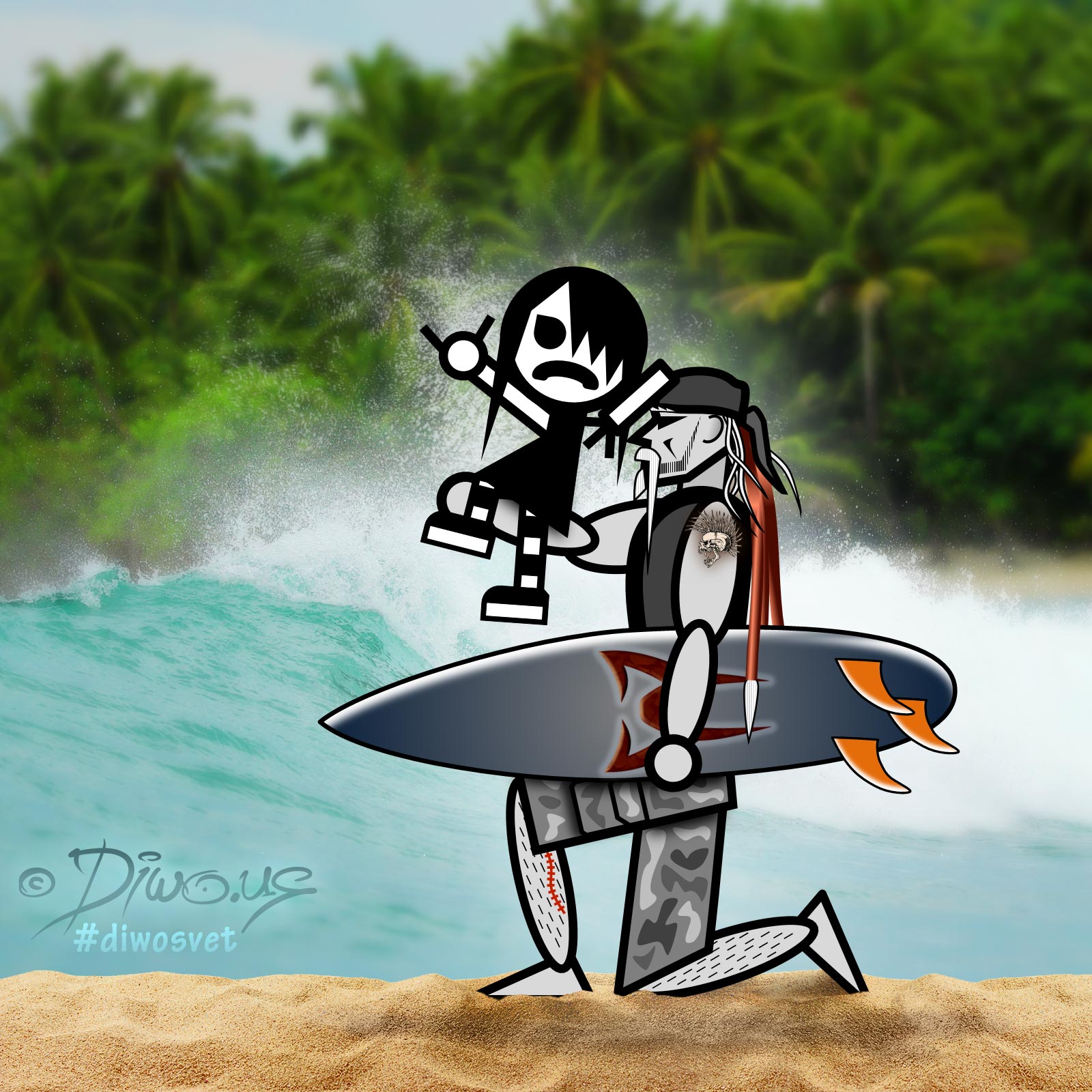 Diwous - Surfing, s Diwousem a Emou okolo světa, tropy, džungle, Karibik, palmy, písek, vlny, obří vlna, surfování, prkno, surf board, palm tree, jungle, sand, big wave