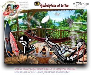 Diwous - netradiční komiksový cestopis, Karibik, moře, oceán, džungle, tropický deštný les, bungalow, terasa, houpací síť, hamaka, zahradní křeslo, relax, kubánský doutník, marihuana, surf prkno, shaka, dřevěný stolek rustik, karibský rum, mobilní anténa, satelitní internet, outdoorový sluneční kolektor, powerbanka, modulární kreslící laptop pro grafiky, Mobile satellite internet antena, foldable and portable solar collector, modular drawing tablet for graphic designers, bottle, carribean rum, jungle, terrace, hammock, garden chair, rustic coffee table, ganja, cigar, board