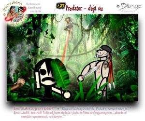 Diwous - netradiční komiksový cestopis, Ema, džungle, bambus, hortenzie květ, wi-fi anténa, jaguár, medvěd brýlatý, chápan, Cvrliky, modrý ptáček, Twitter logo, banán, John Rambo, útočná puška, taktický nůž, mačeta, čtyřkolka, Honda FourTrax 300, kamufláž, helma Predátor, šelma, Spectacled bear, Spider monkey, hydrangea bloom, bamboo, blue bird, banana, tactical knife, machete, assault rifle, quad, ATV, Sylvester Stallone, camouflage, Predator helmet, beast